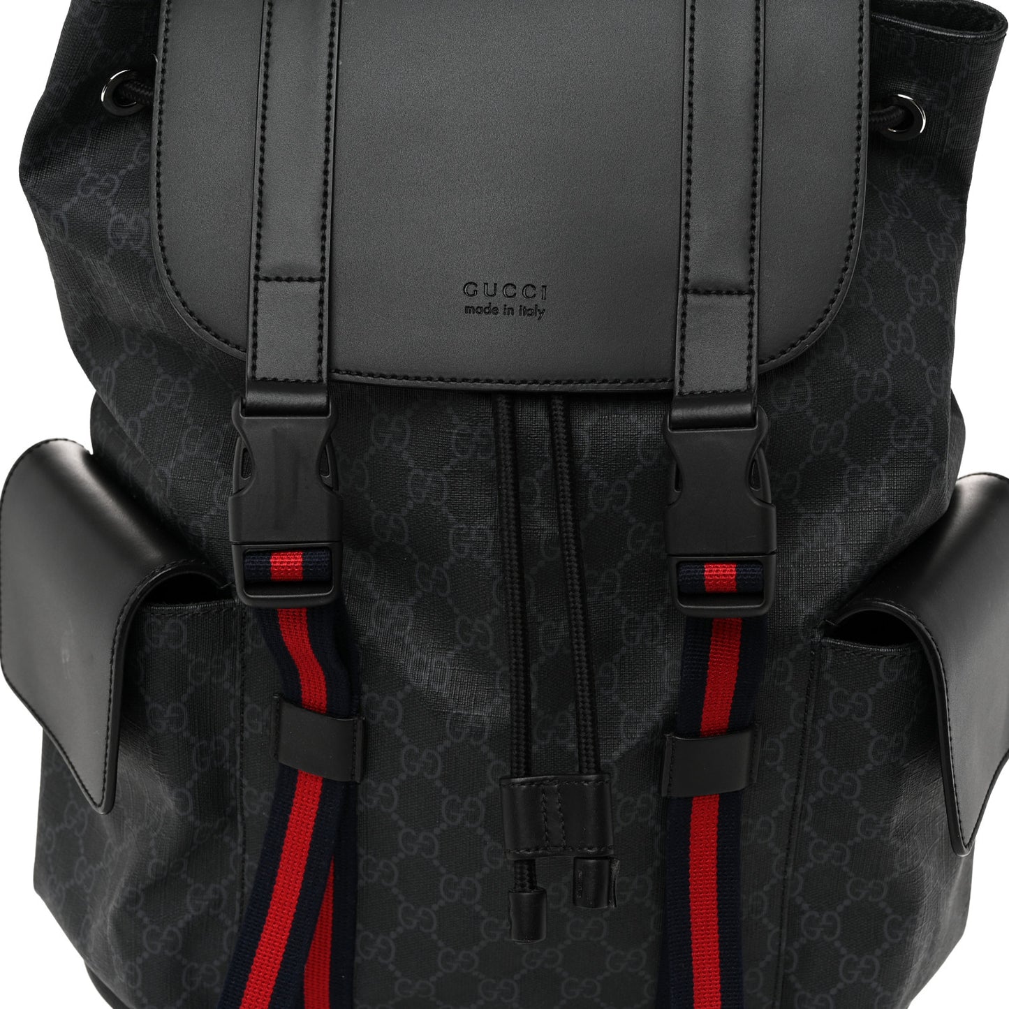 Soft GG Supreme Monogram Calfskin Web Double Buckle Backpack Black