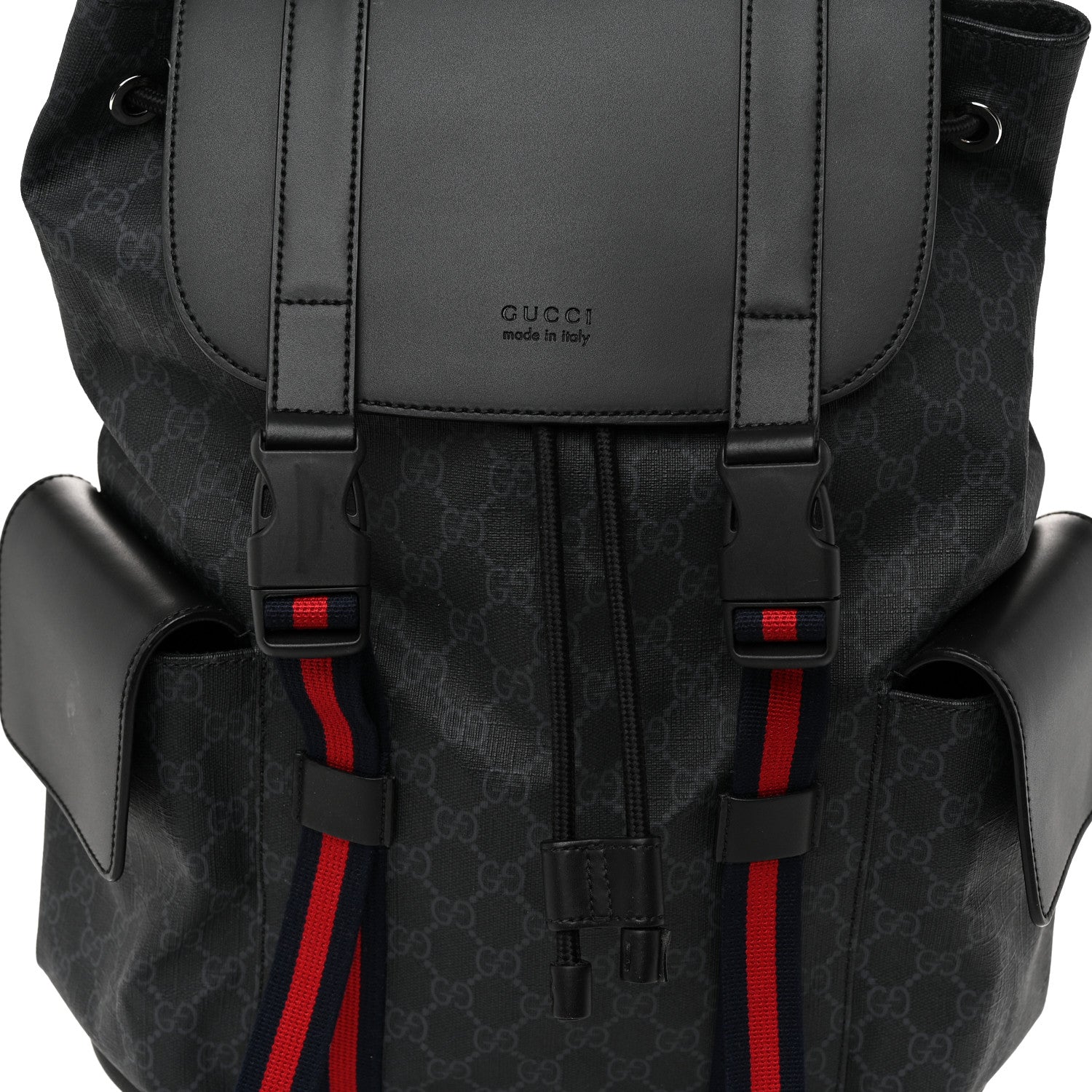 Gucci Soft GG Supreme Monogram Calfskin Web Double Buckle Backpack Black 8 of 11