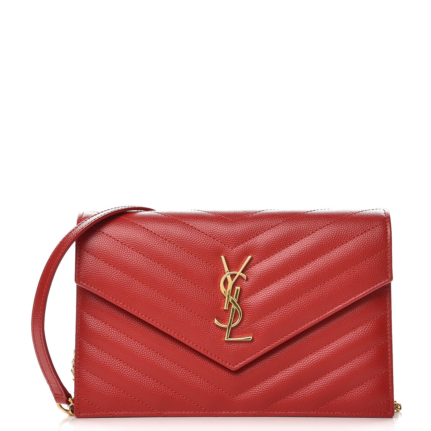 Saint Laurent Grain De Poudre Matelasse Chevron Monogram Envelope Chain Wallet New Red 1 of 8