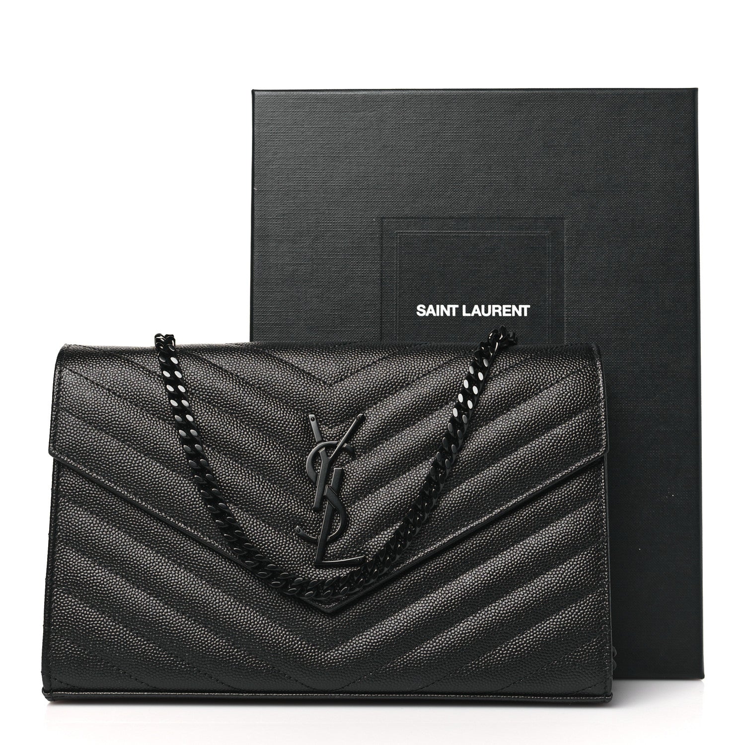 Saint Laurent Grain De Poudre Matelasse Chevron Monogram Monochrome Chain Wallet Black 10 of 10