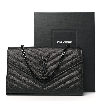 Saint Laurent Grain De Poudre Matelasse Chevron Monogram Monochrome Chain Wallet Black 10 of 10