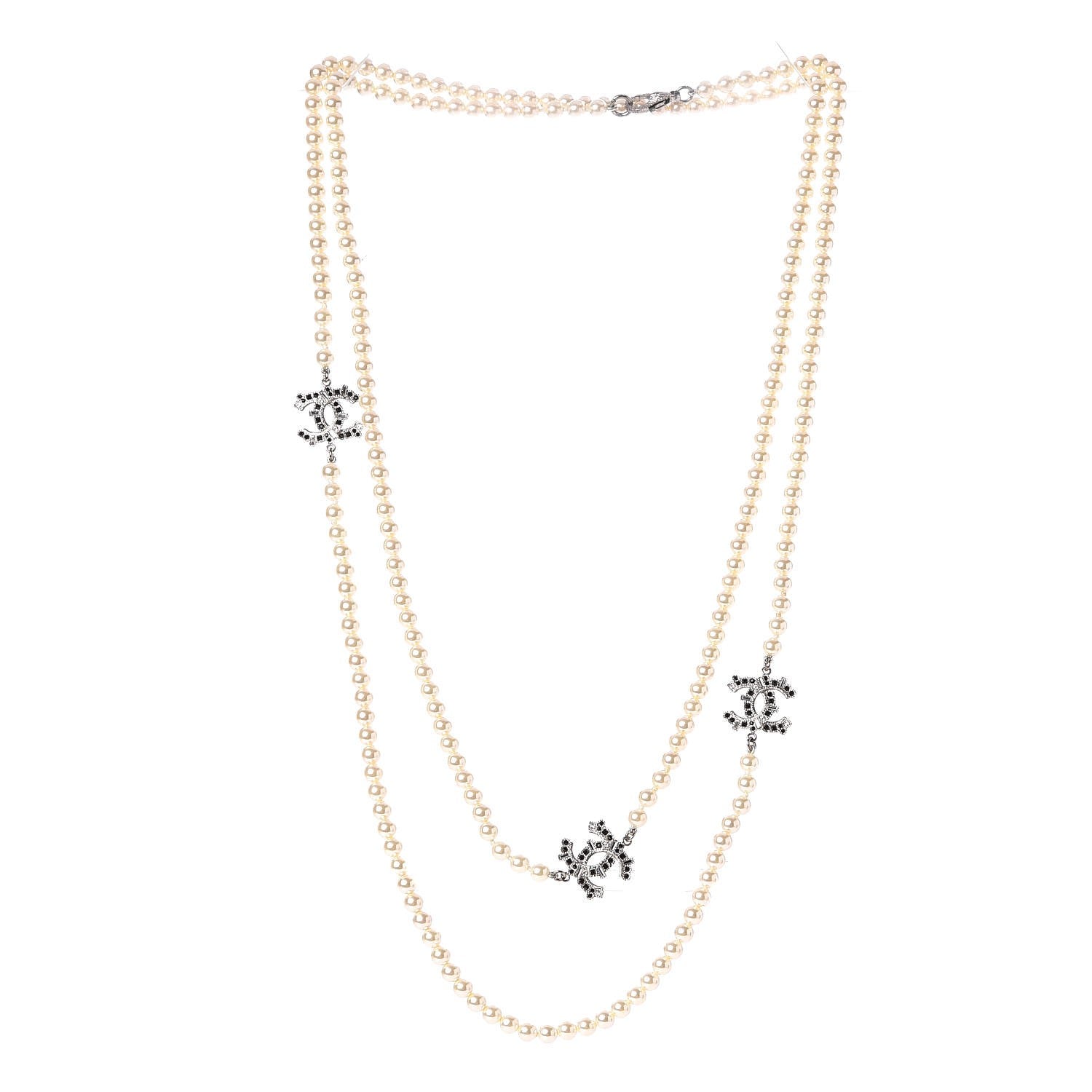 Chanel Pearl Baguette Crystal CC Long Necklace Silver Black 3 of 5