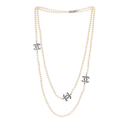Chanel Pearl Baguette Crystal CC Long Necklace Silver Black 3 of 5