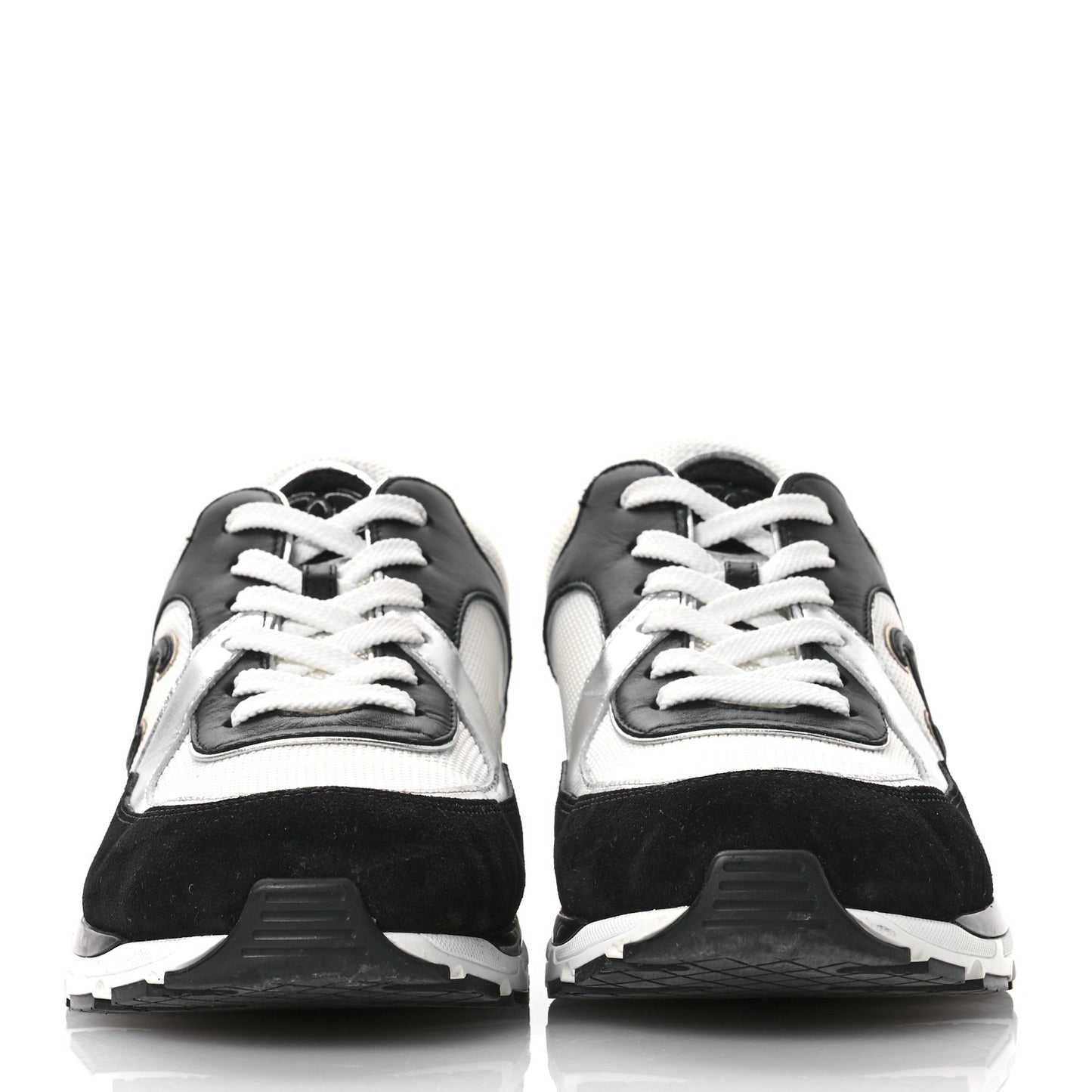 Mesh Suede Calfskin Grained Calfskin Womens CC Sneakers 39.5 Black White Silver