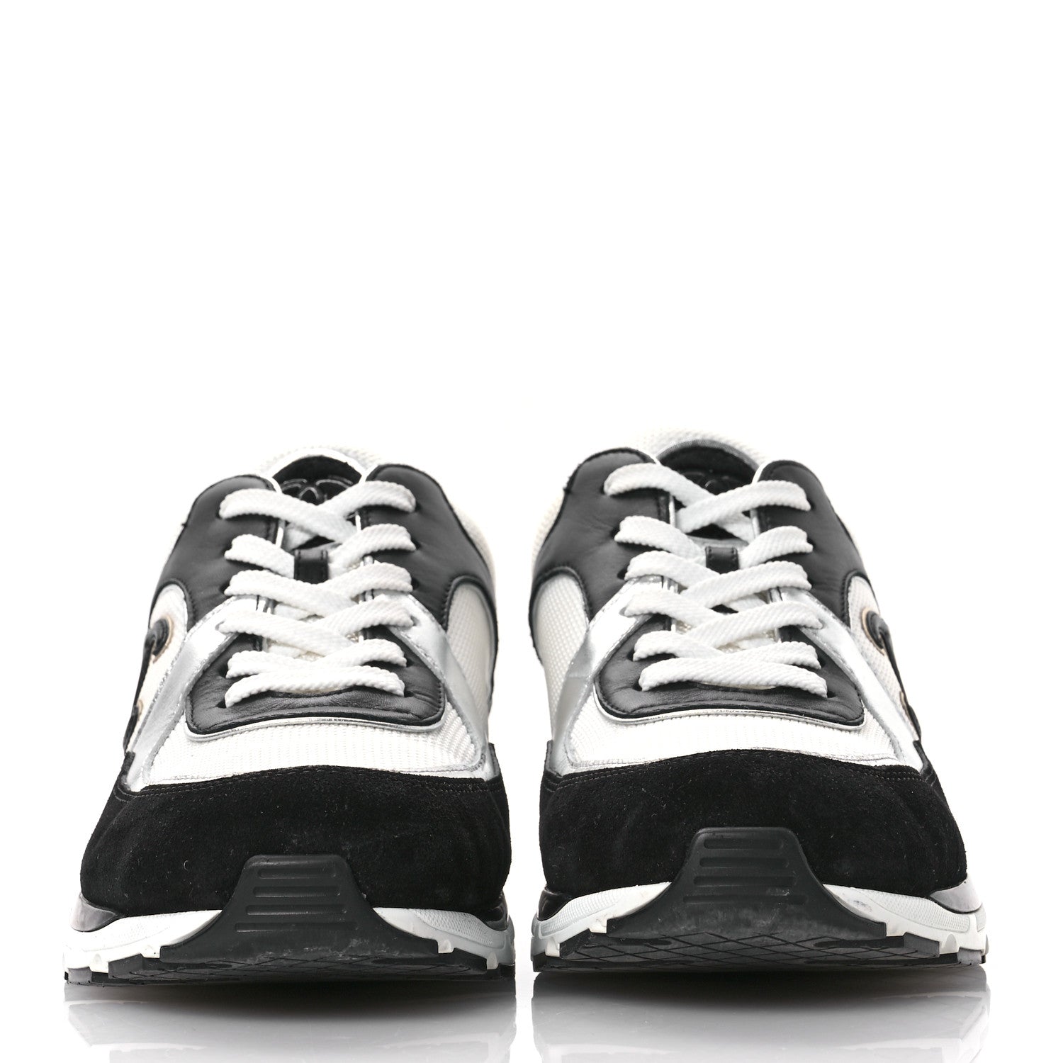 Chanel Mesh Suede Calfskin Grained Calfskin Womens CC Sneakers 39.5 Black White Silver 3 of 9