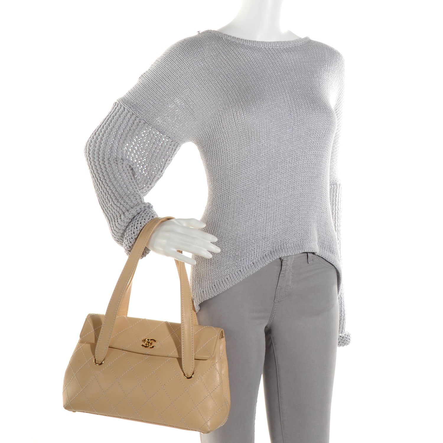Chanel Lambskin Surpique Shoulder Bag Beige 2 of 8