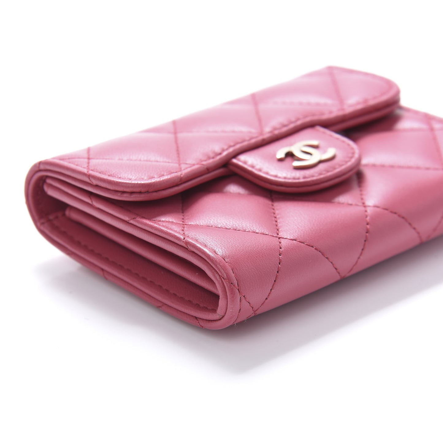 Lambskin Quilted Flap Card Holder Wallet Dark Pink