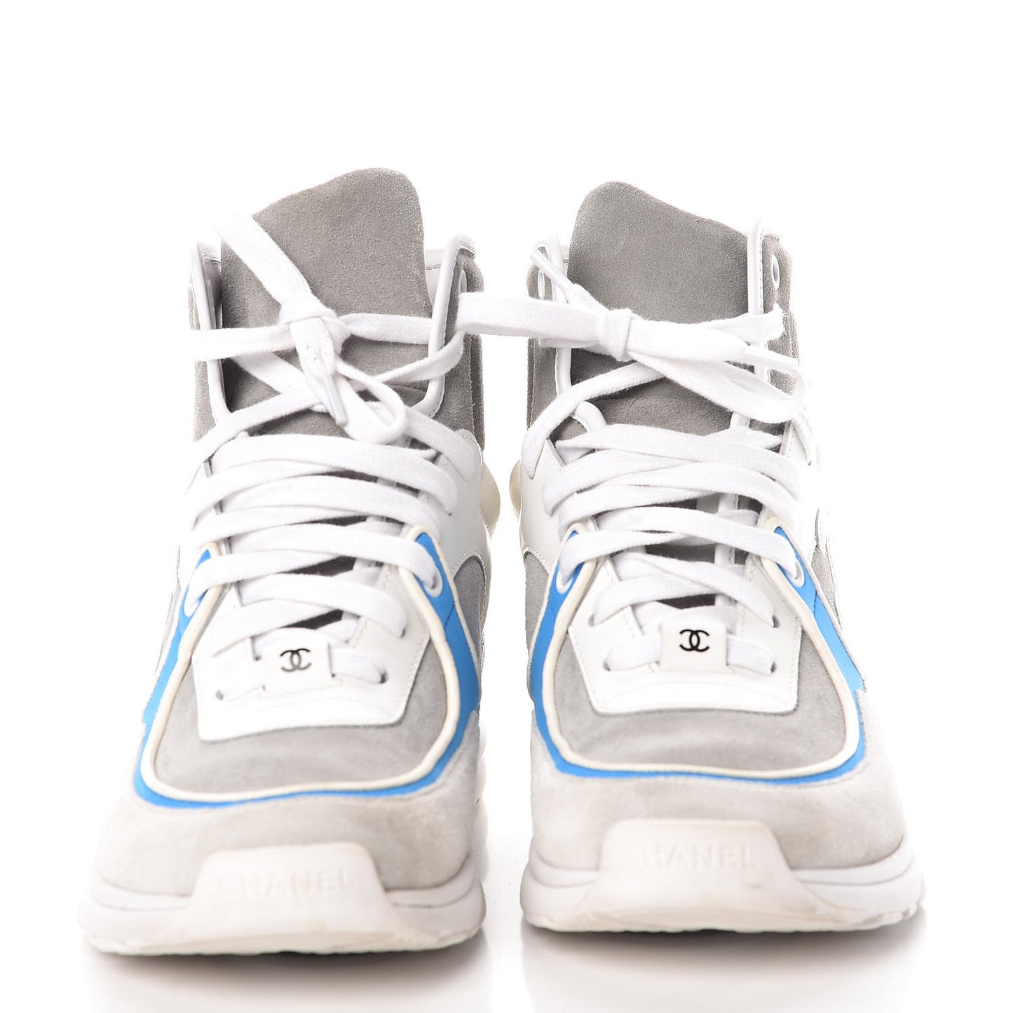 Suede Calfskin Lambskin High Top CC Sneakers 38 White Grey Fluo Blue