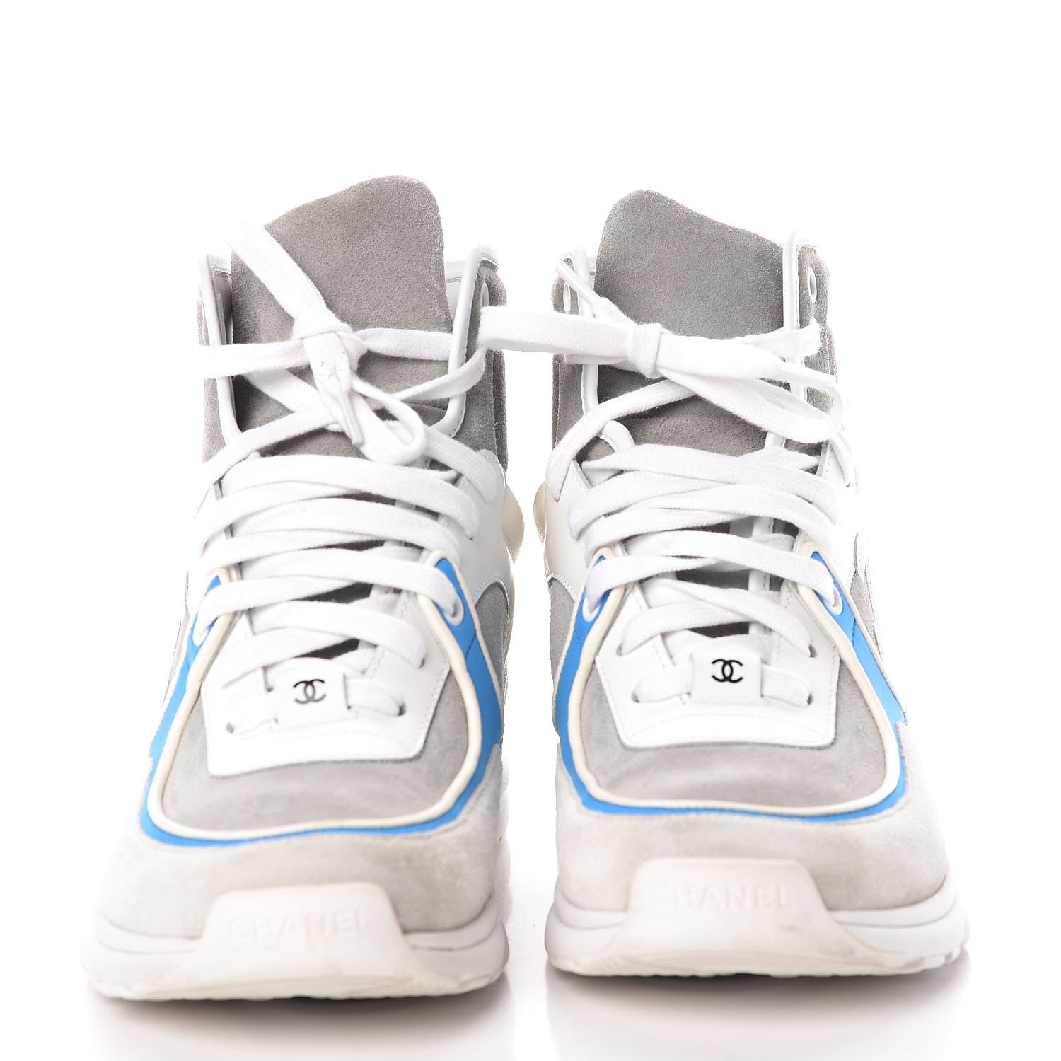 Chanel Suede Calfskin Lambskin High Top CC Sneakers 38 White Grey Fluo Blue 2 of 8