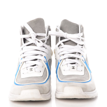 Chanel Suede Calfskin Lambskin High Top CC Sneakers 38 White Grey Fluo Blue 2 of 8