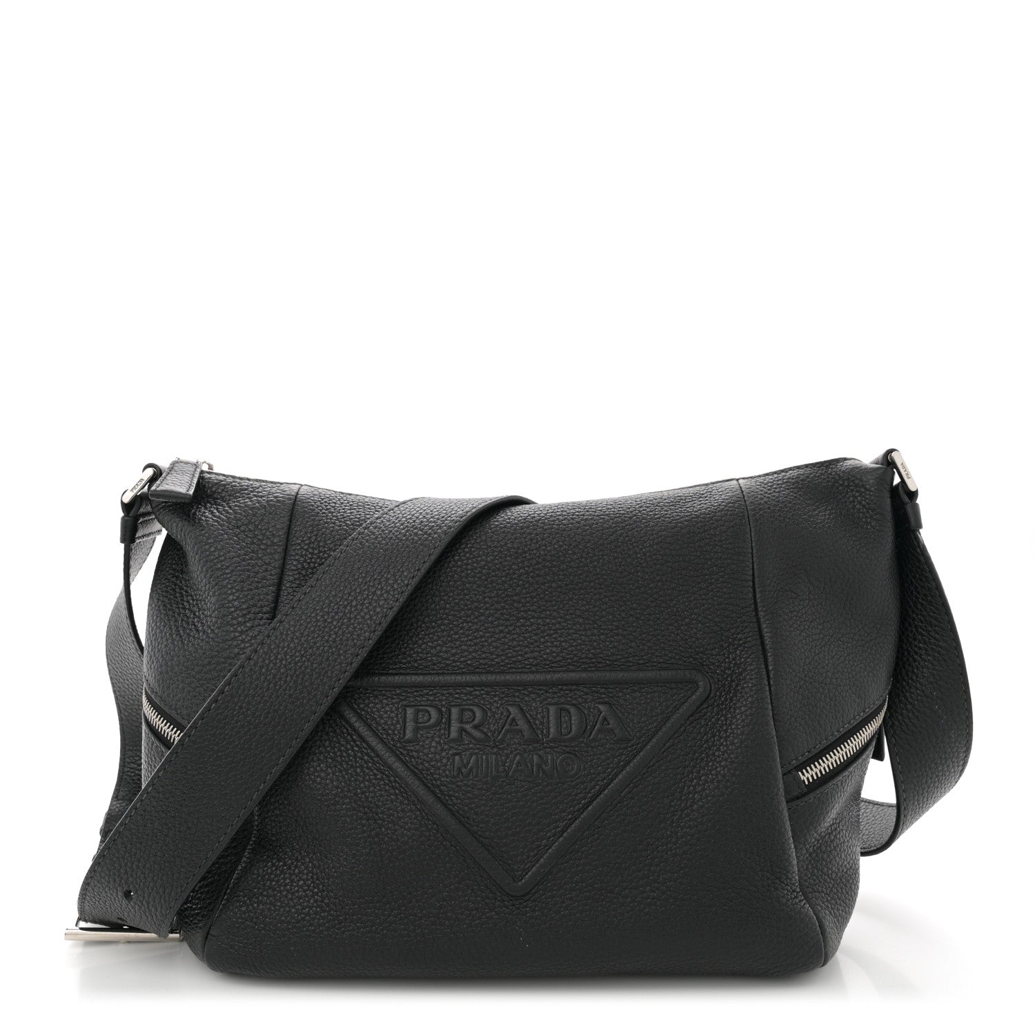 Prada Vitello Daino Triangle Logo Embossed Shoulder Bag Black 1 of 10