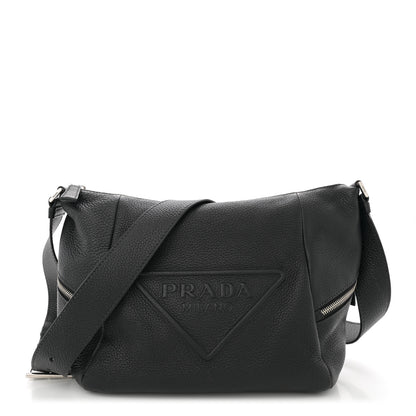Prada Vitello Daino Triangle Logo Embossed Shoulder Bag Black 1 of 10