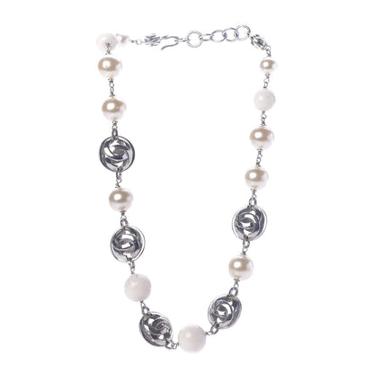 Chanel Resin Bead Pearl CC Short Necklace Silver 1 of 8