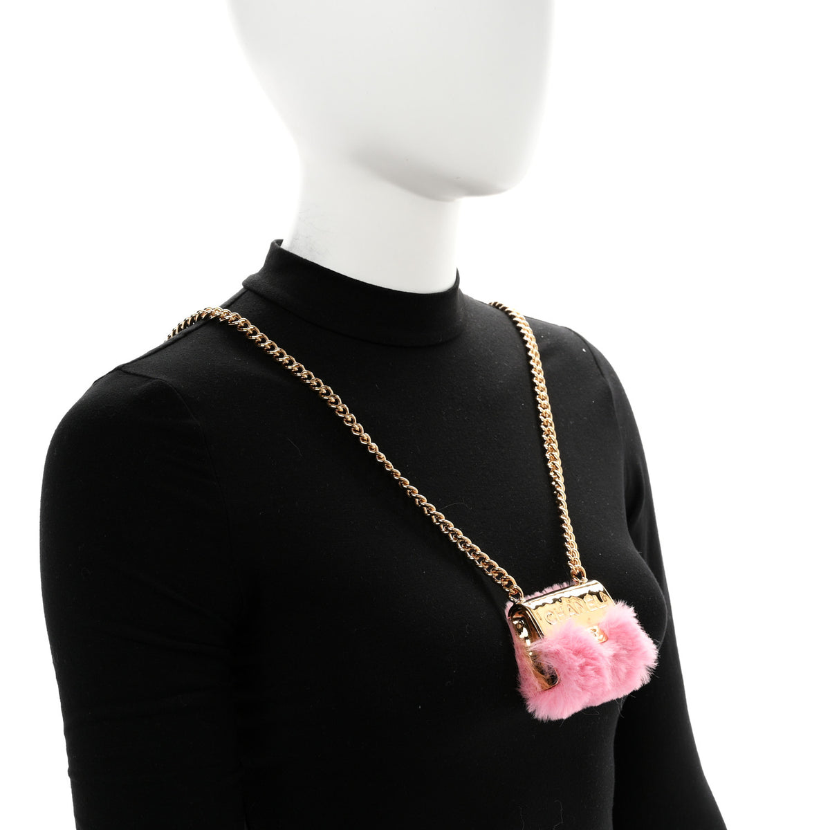 Metal Fur Flap Bag Long Necklace Gold Pink
