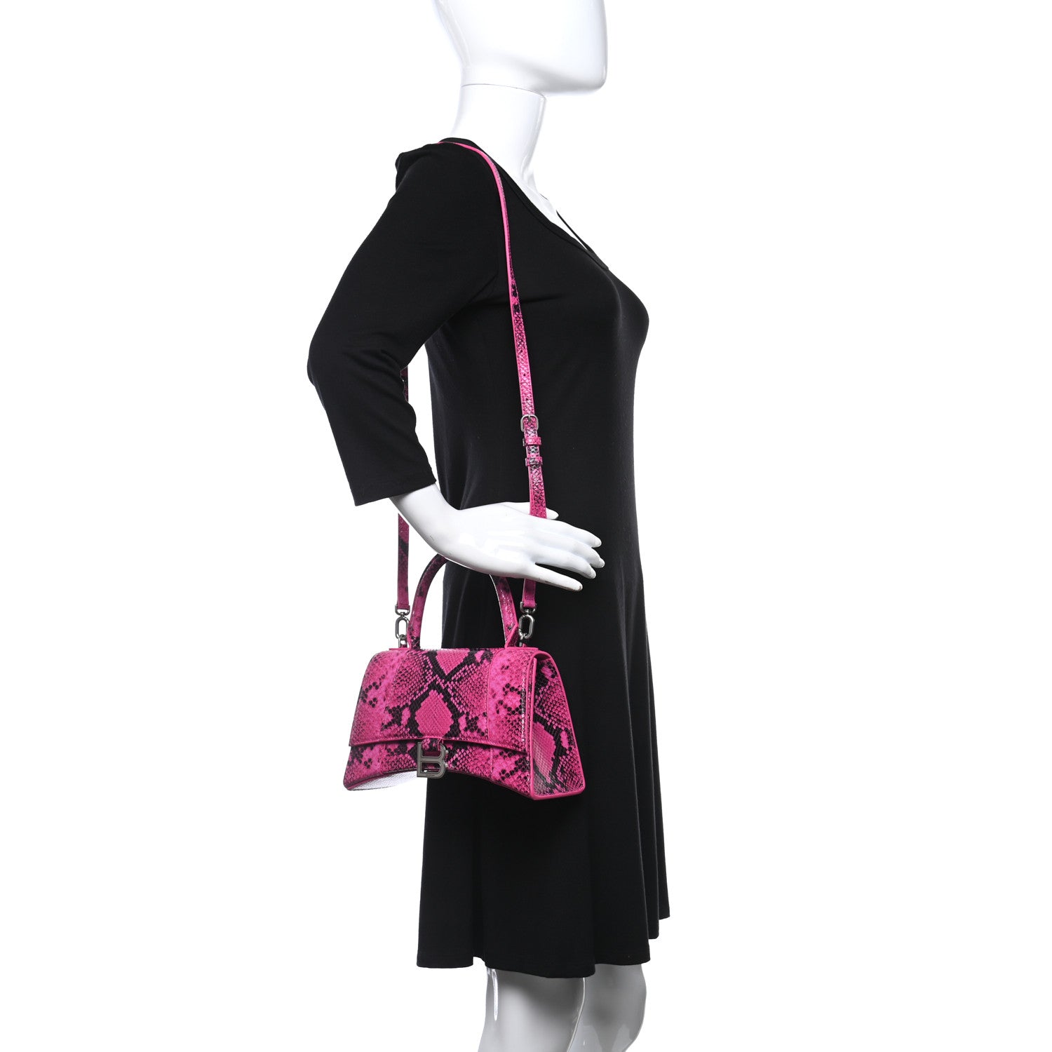 Balenciaga Shiny Calfskin Python Effect Small Hourglass Top Handle Bag Fuchsia Black 2 of 8