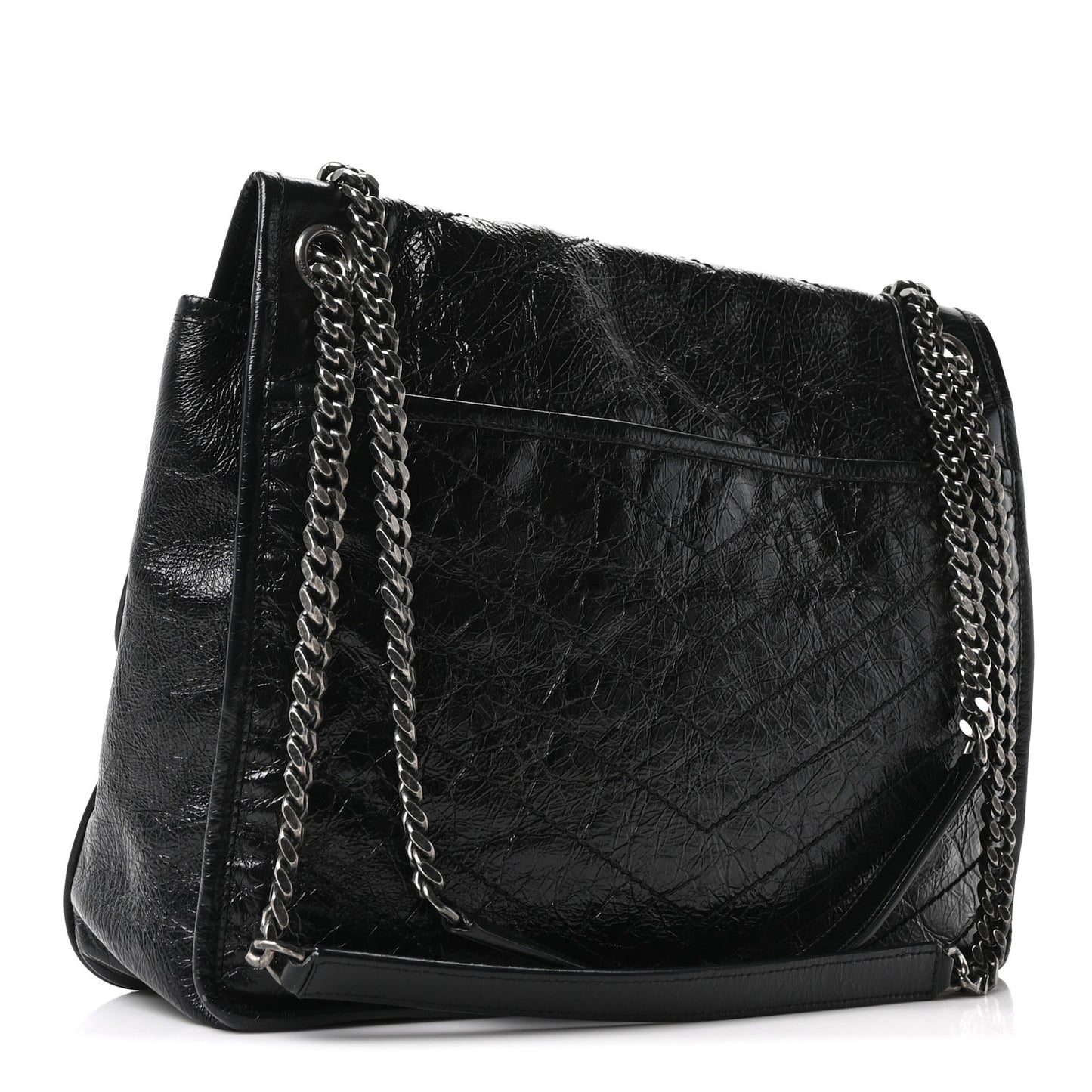 Crinkled Calfskin Matelasse Monogram Large Niki Chain Satchel Black