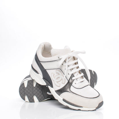 Chanel Suede Calfskin CC Sneakers 37 White Grey 5 of 10