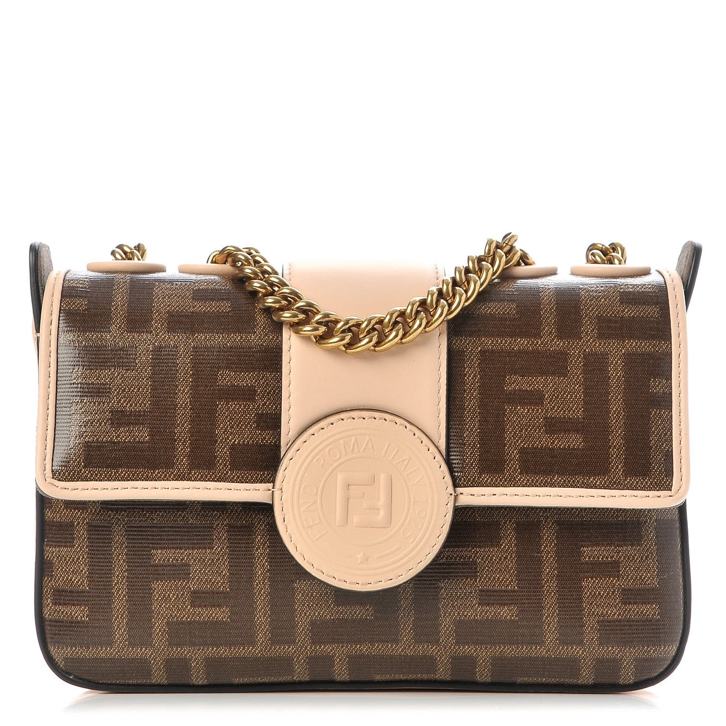 Glazed Fabric Vitello Century FF 1974 Stamp Patch Mini Double F Crossbody Bag Mogano Panna Plaster