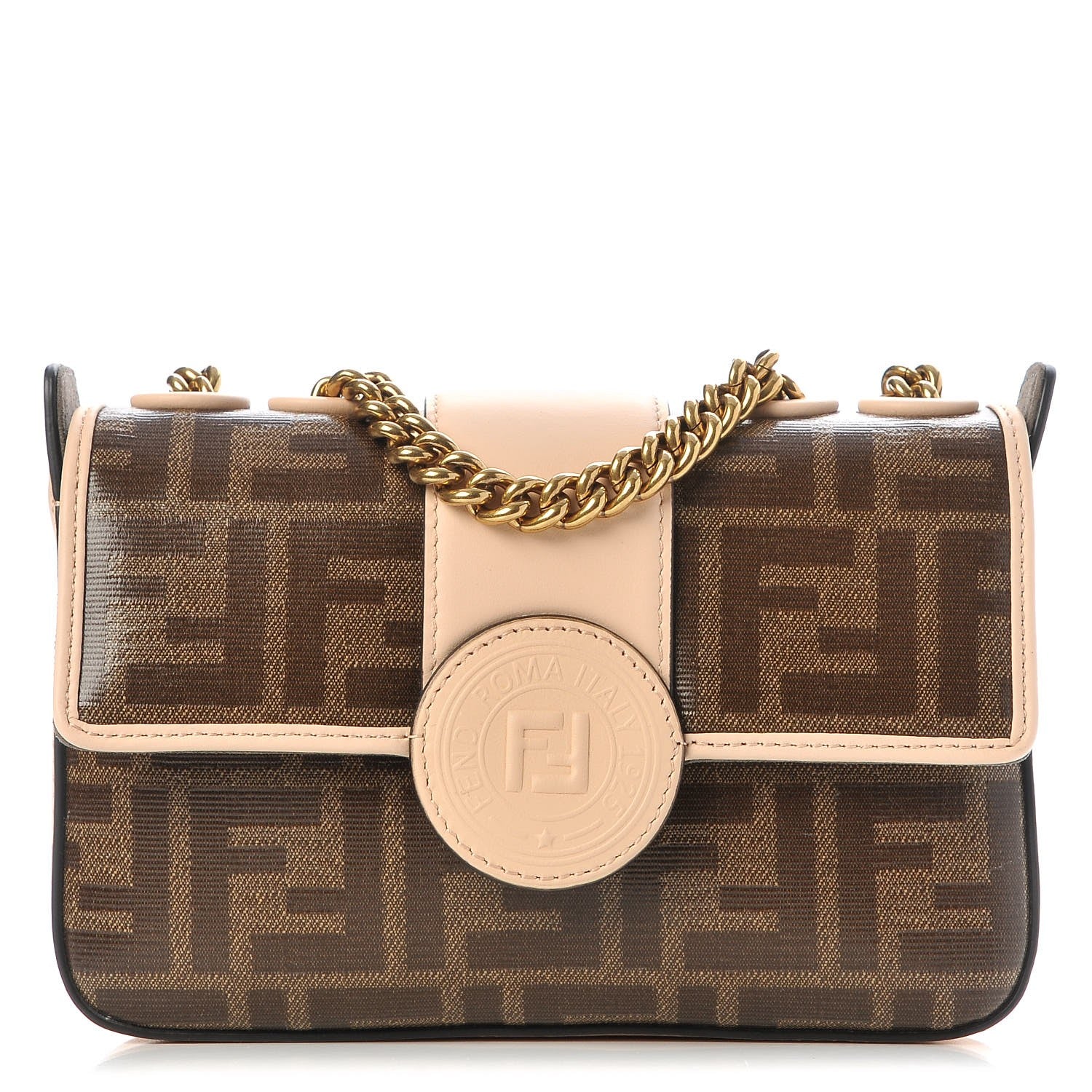 Fendi Glazed Fabric Vitello Century FF 1974 Stamp Patch Mini Double F Crossbody Bag Mogano Panna Plaster 1 of 9