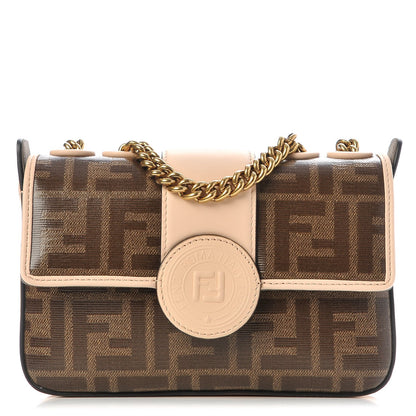 Fendi Glazed Fabric Vitello Century FF 1974 Stamp Patch Mini Double F Crossbody Bag Mogano Panna Plaster 1 of 9