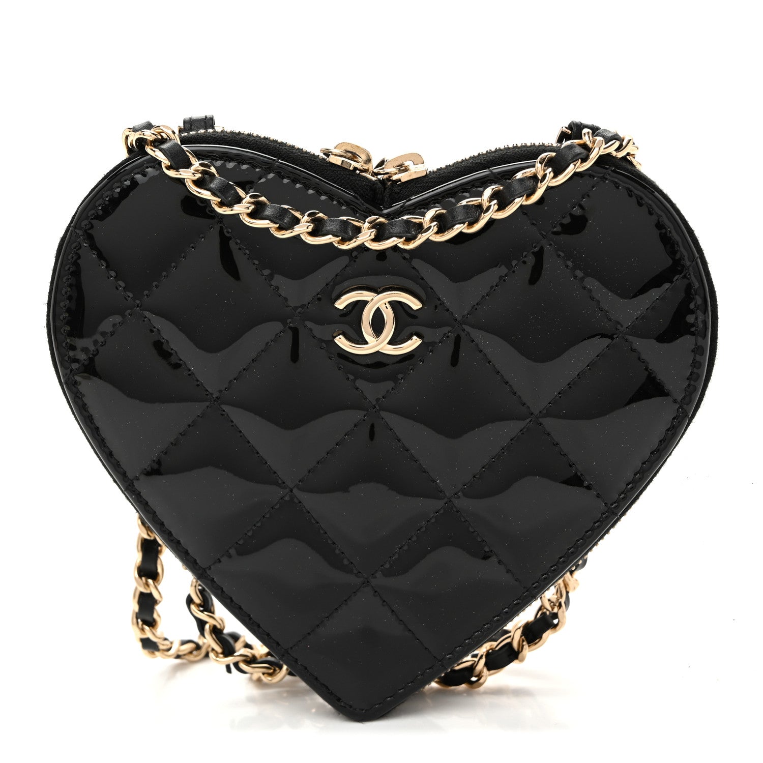 Chanel Patent Calfskin Resin Quilted CC Heart Clutch With Chain Black 1 of 15