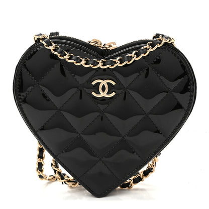 Chanel Patent Calfskin Resin Quilted CC Heart Clutch With Chain Black 1 of 15