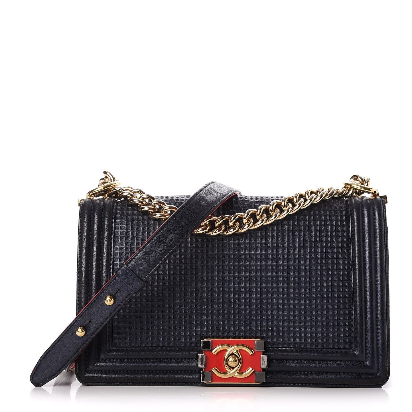 Lambskin Embossed Medium Boy Cube Flap Navy