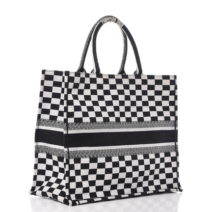 Christian Dior Canvas Embroidered Checkered Book Tote Black White 3 of 14