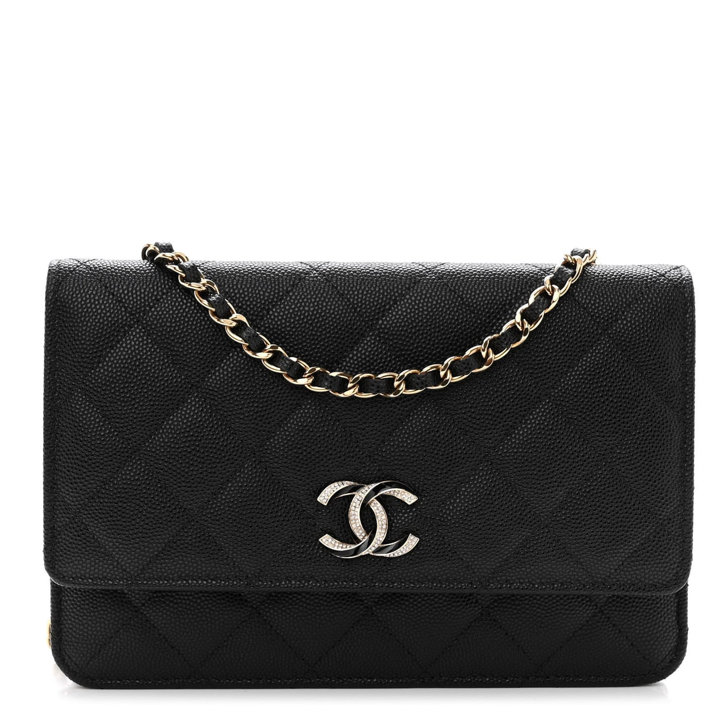 Caviar Quilted Crystal Enamel CC Wallet On Chain WOC Black