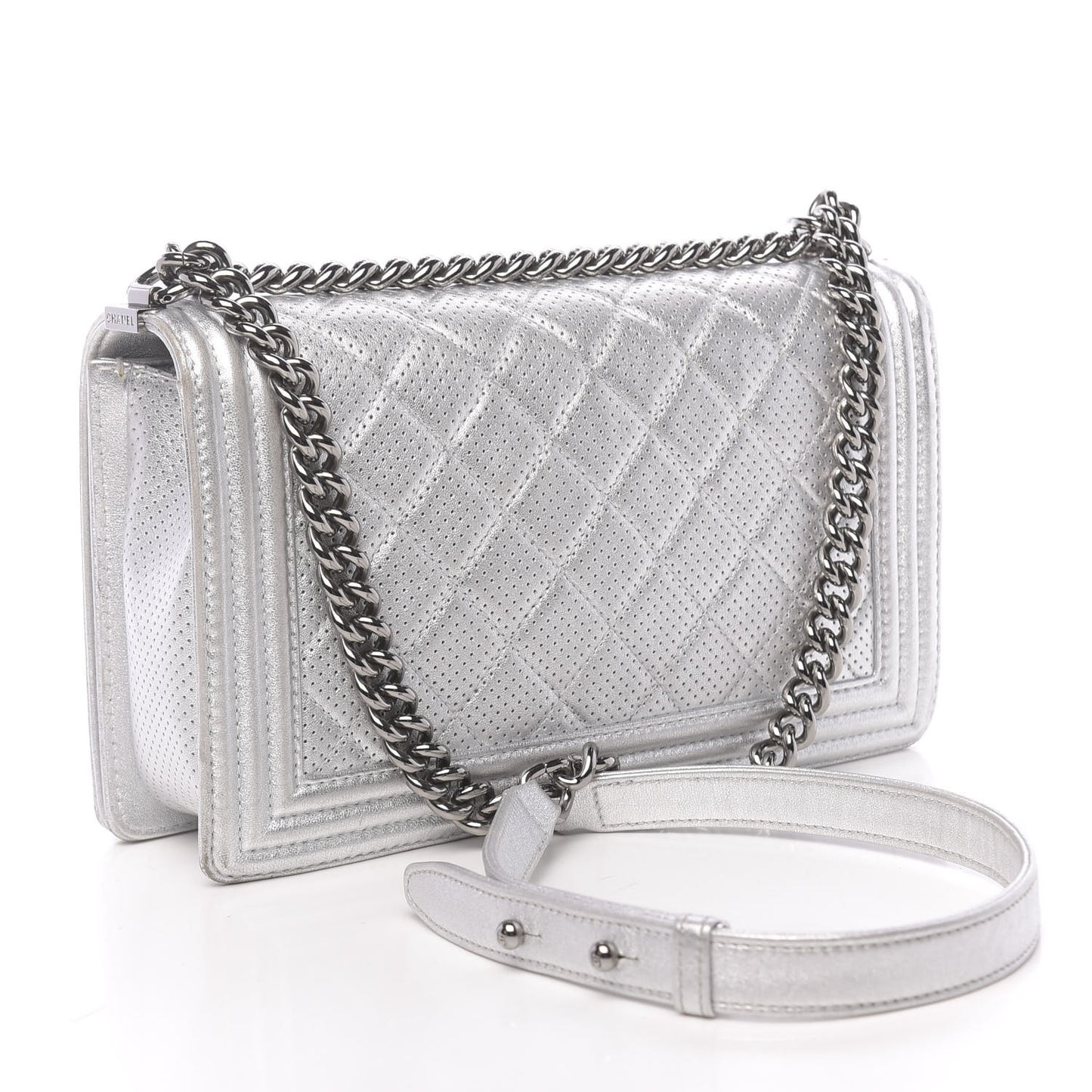 Metallic Lambskin Perforated New Medium Boy Flap Silver