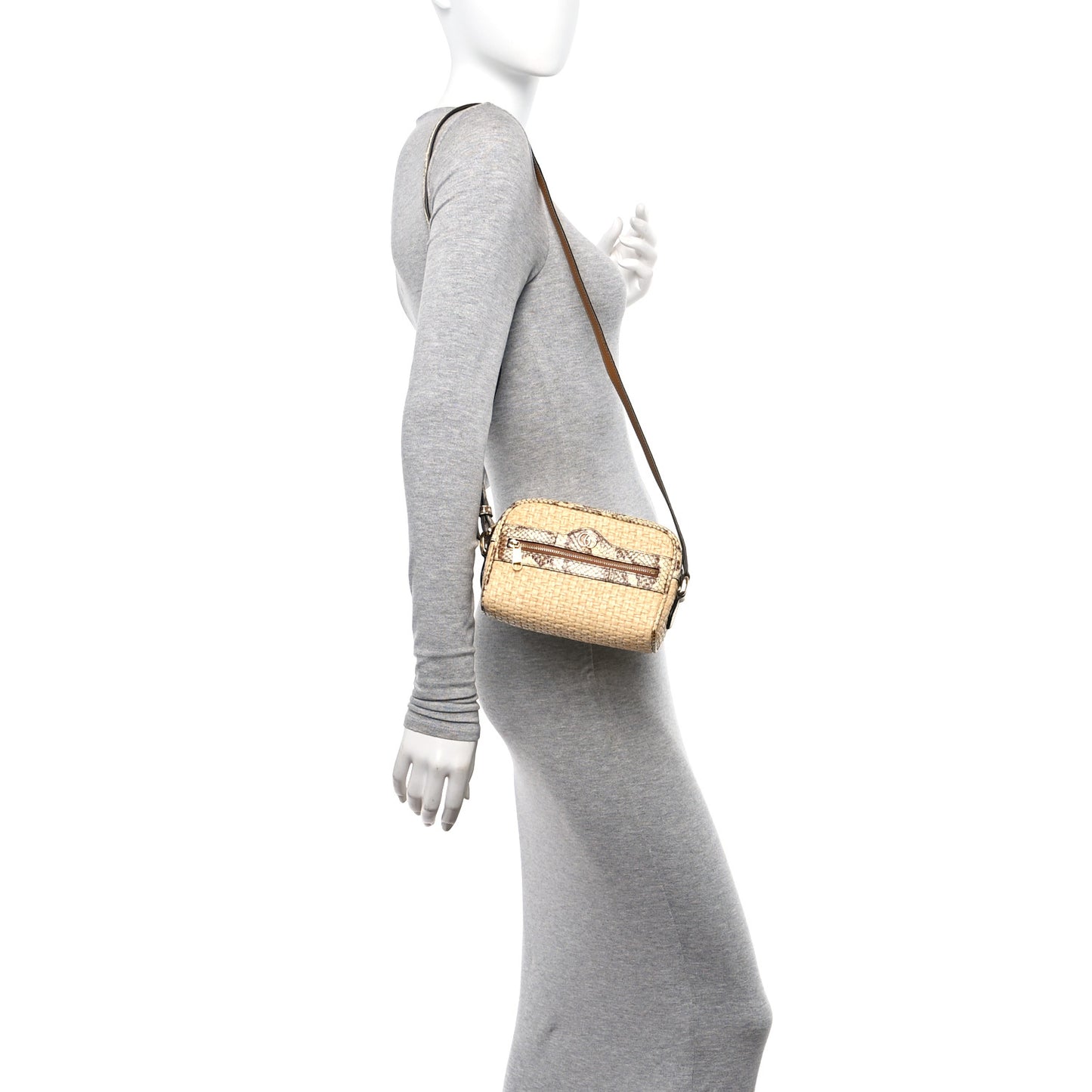 Raffia Elaphe Mini Ophidia Shoulder Bag Natural Cream Brown