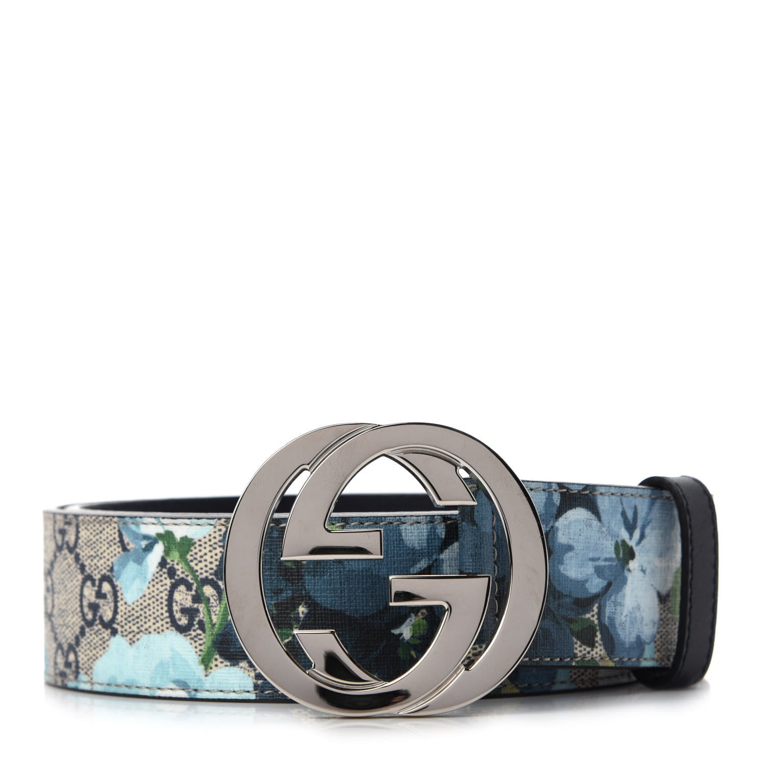 Gucci GG Supreme Monogram Blooms Interlocking G Belt 95 38 Beige Blue Navy 1 of 3