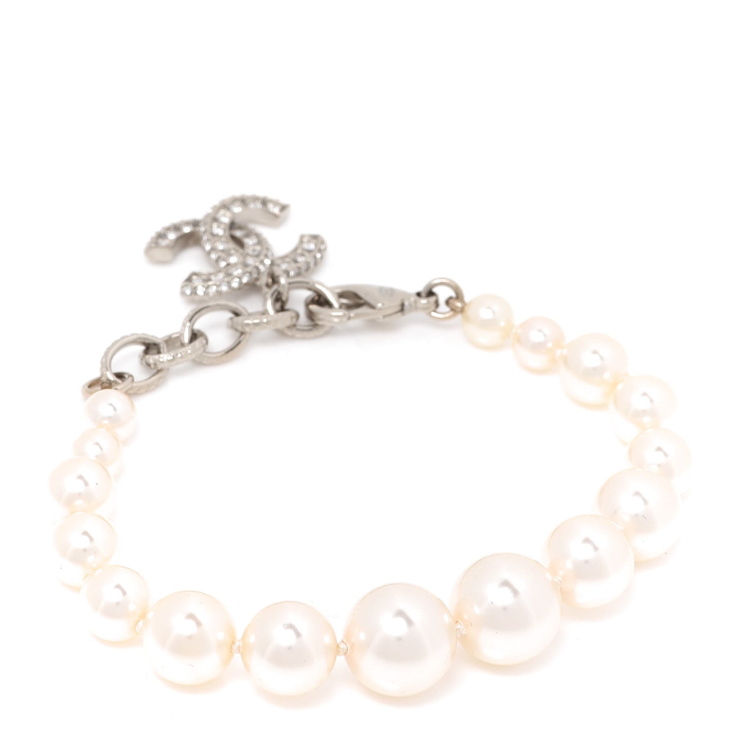 Crystal Graduated Pearl CC Bracelet Silver