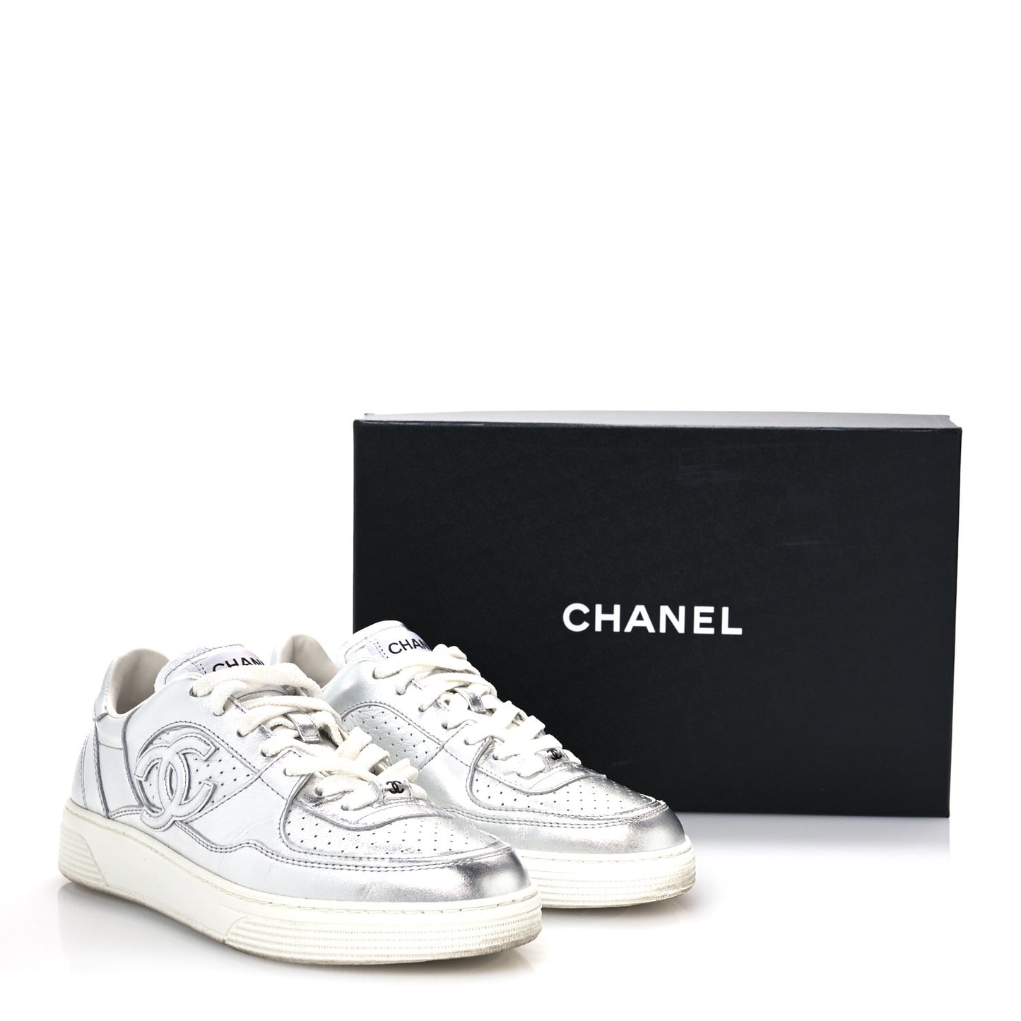 Laminated Calfskin CC Womens Sneakers 38.5 Silver