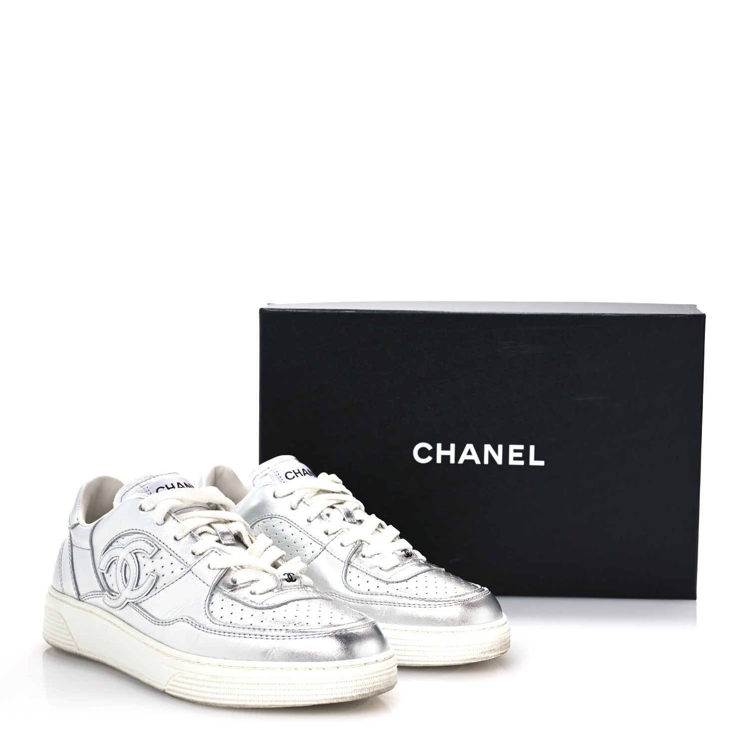 Chanel Laminated Calfskin CC Womens Sneakers 38.5 Silver 9 of 9