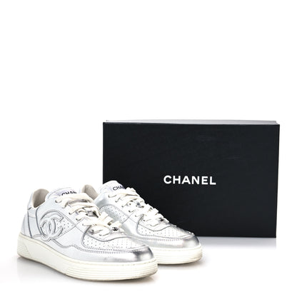 Chanel Laminated Calfskin CC Womens Sneakers 38.5 Silver 9 of 9