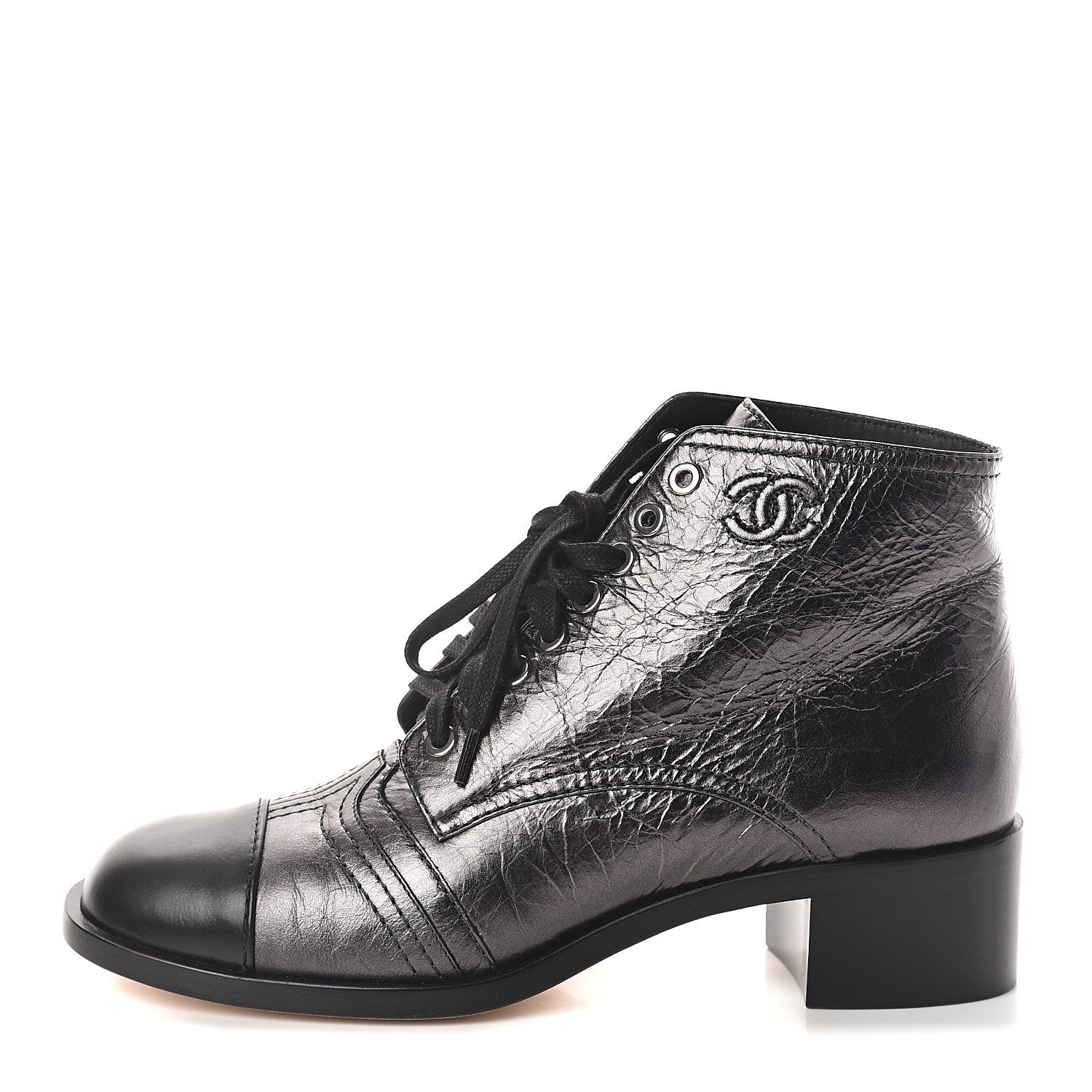 Chanel Metallic Calfskin CC Lace Up Boots 38.5 Silver Black 1 of 6