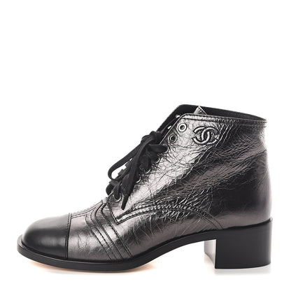 Chanel Metallic Calfskin CC Lace Up Boots 38.5 Silver Black 1 of 6