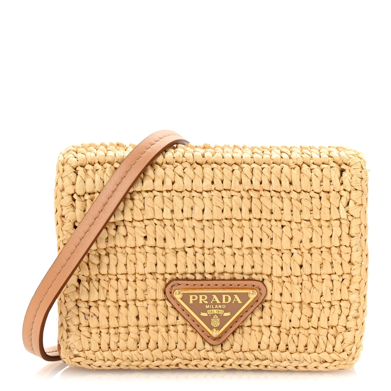 Prada Raffia Effect Crochet Metal Triangle Logo Card Holder Beige