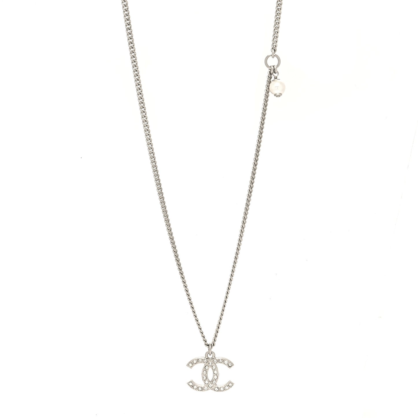 Crystal Pearl CC Pendant Necklace Silver