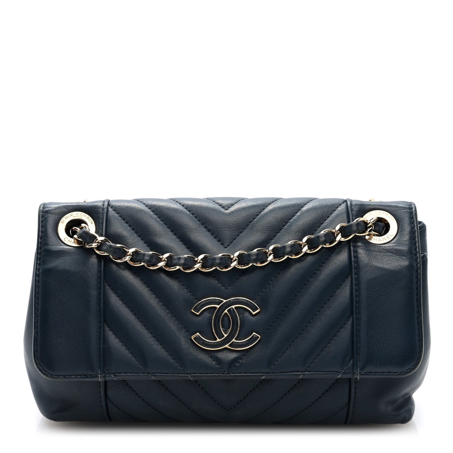 Chanel Calfskin Quilted Medium Daily Chevron Flap Navy Blue 1 of 10