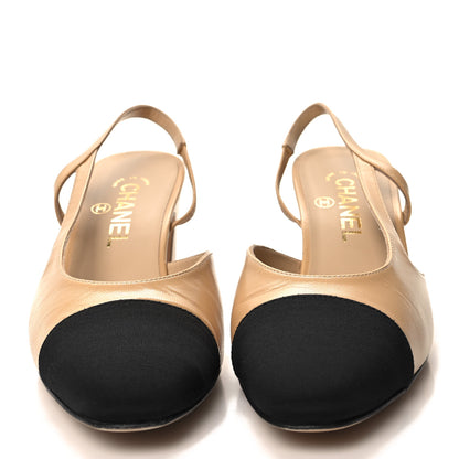 Chanel Goatskin Grosgrain Cap Toe CC Slingback Pumps 38.5 Beige Black 2 of 9