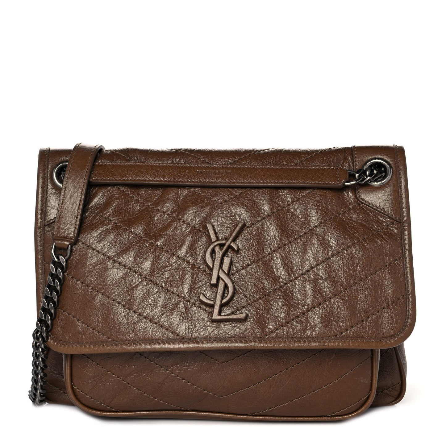 Crinkled Calfskin Matelasse Monogram Medium Niki Chain Satchel Tan Brown