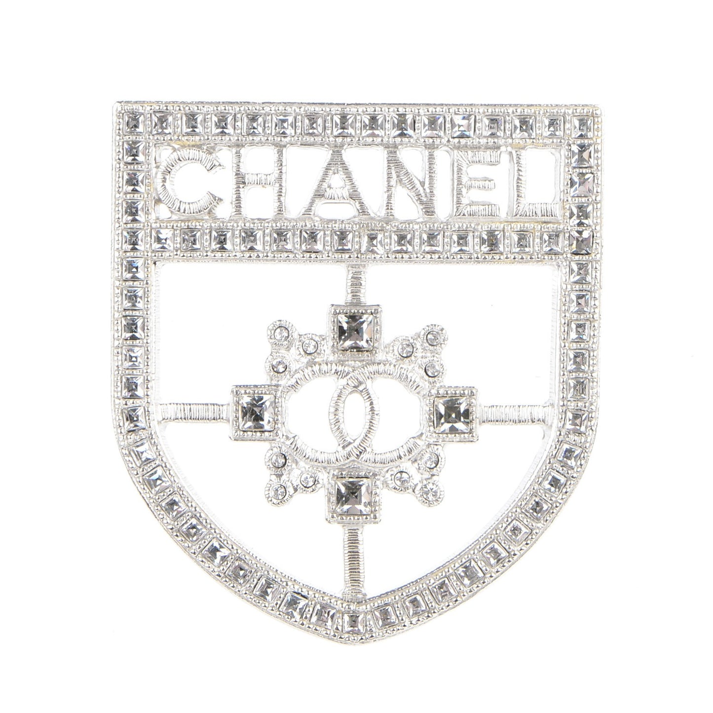Swarovski Baguette Crystal CC Shield Brooch Silver