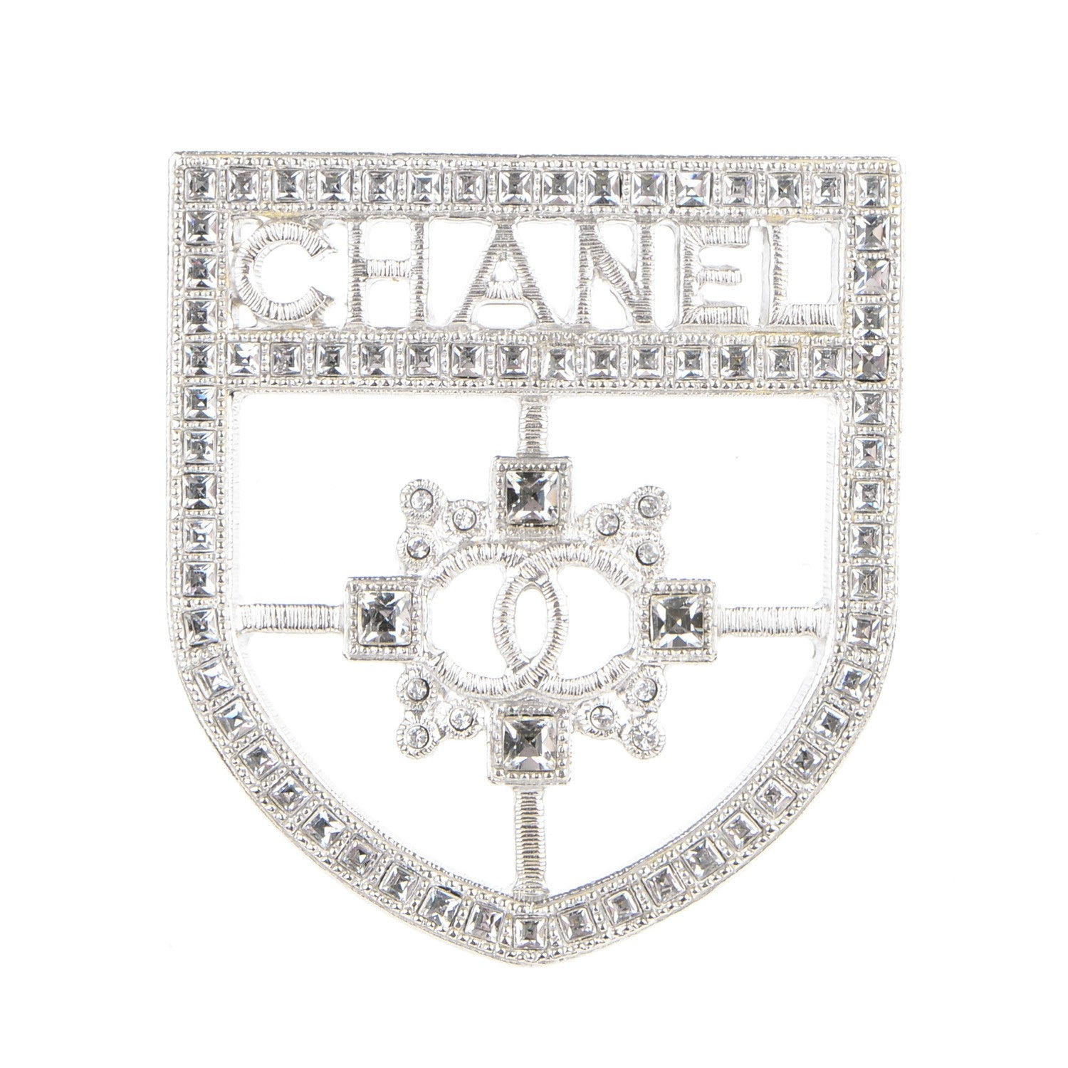 Chanel Swarovski Baguette Crystal CC Shield Brooch Silver 1 of 4
