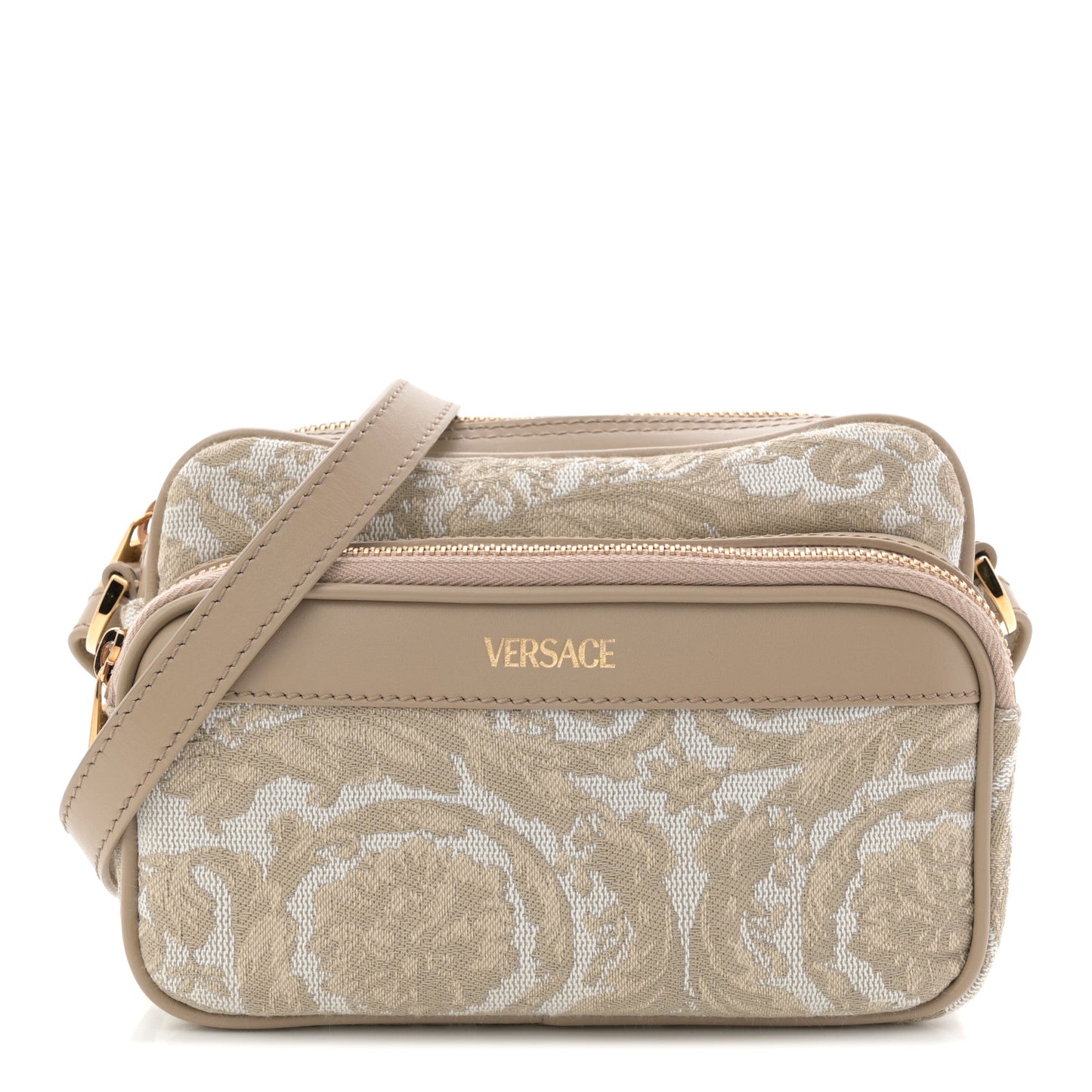 Fabric Jacquard Calfskin Barocco Messenger Crossbody Bag Beige