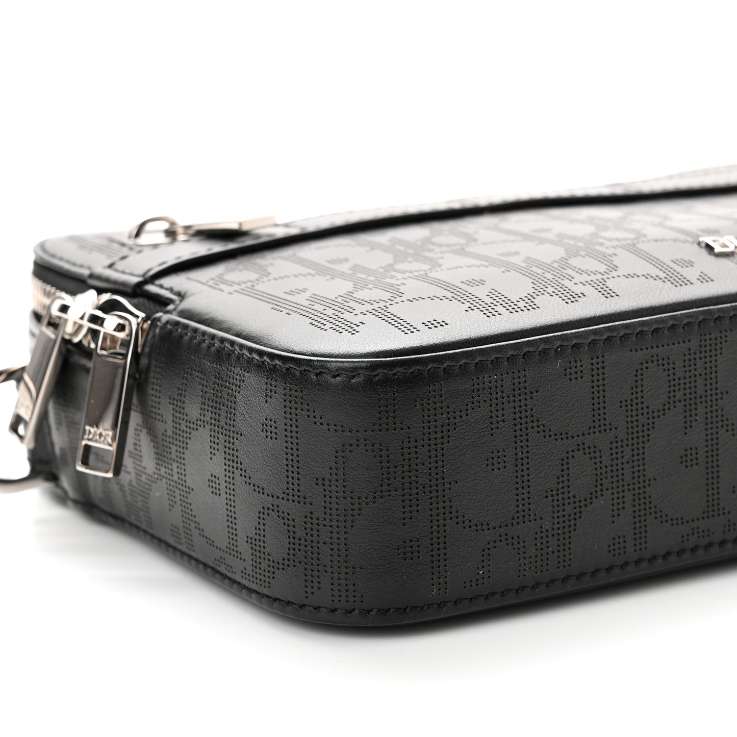Calfskin Perforated Oblique Galaxy Safari Messenger Bag Black