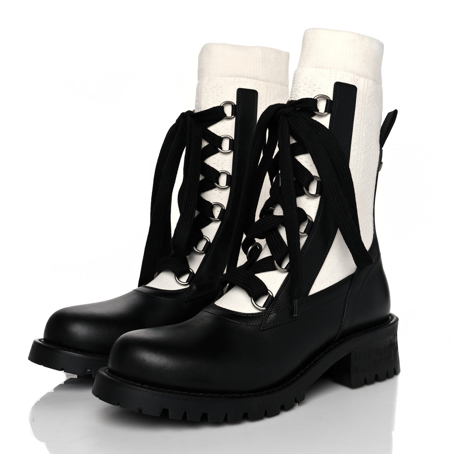 Calfskin Knit Fabric Diorland Combat Boots 38.5 Black White