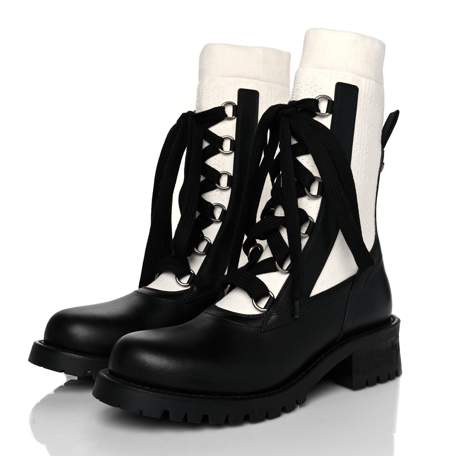 Christian Dior Calfskin Knit Fabric Diorland Combat Boots 38.5 Black White 3 of 7