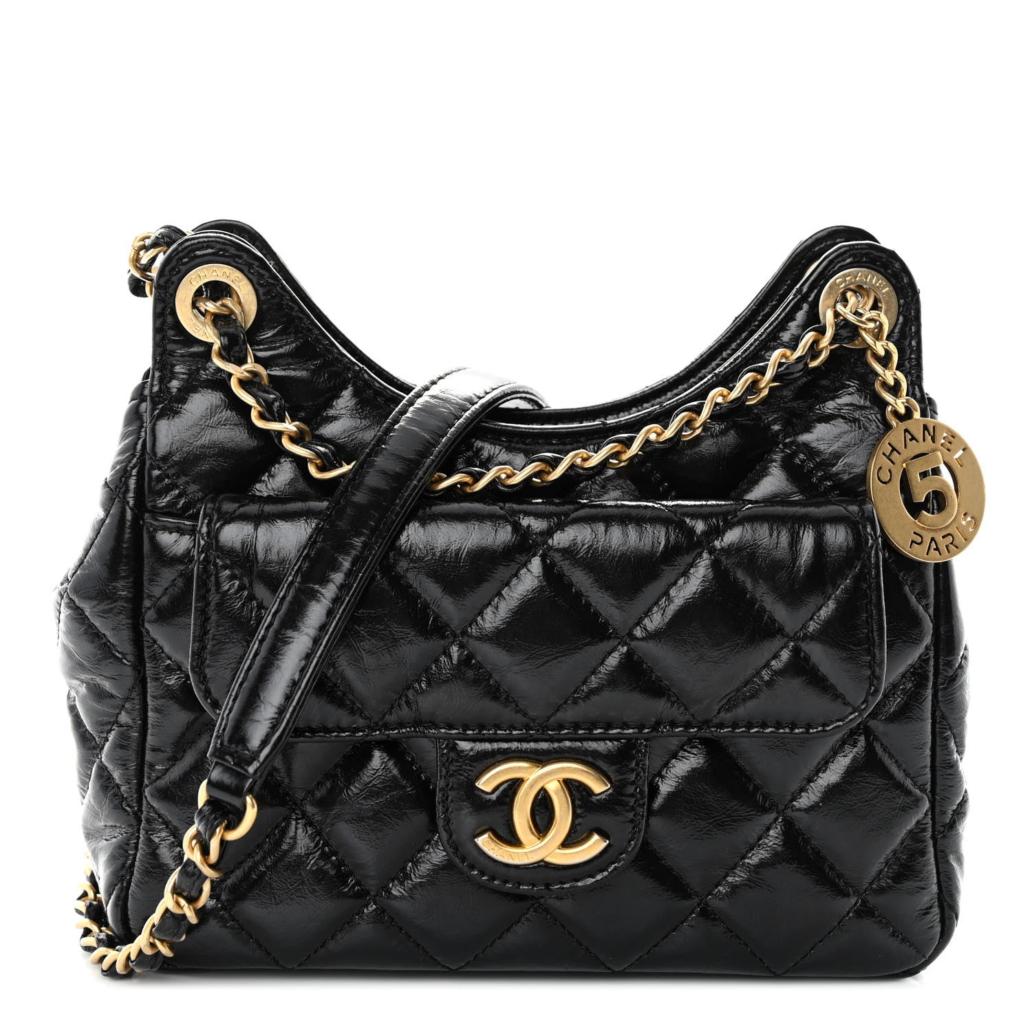 Chanel Shiny Crumpled Calfskin Quilted Small Wavy CC Hobo Black 1 of 10